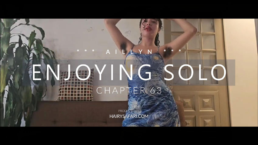 Aillyn feeling romantic in her blue Van Gogh dress on a brown old sofa, laughing, lifting the skirt to show her hairy ass, crack, and asshole