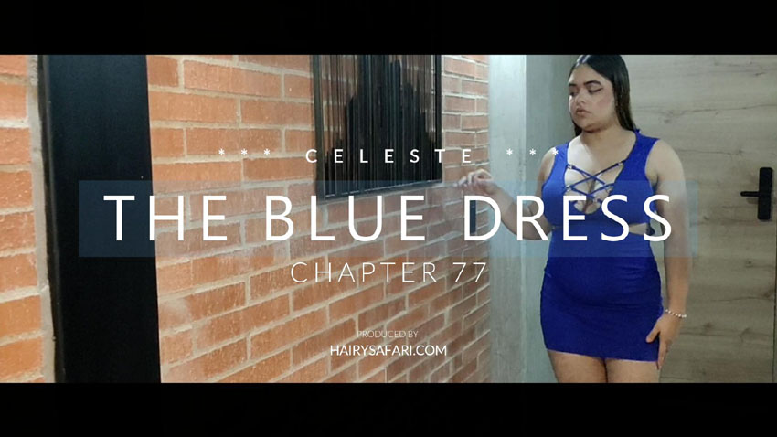 Celeste in blue dress licking hairy armpits, chair naked tease, heavy tits shaking, hairy ass creampie