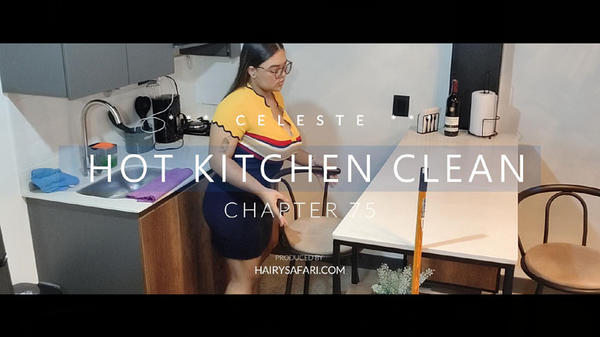 Celeste cleaning in tight panties, bush flashing, ass shaking, sucking wine bottle and teasing naked on the kitchen floor